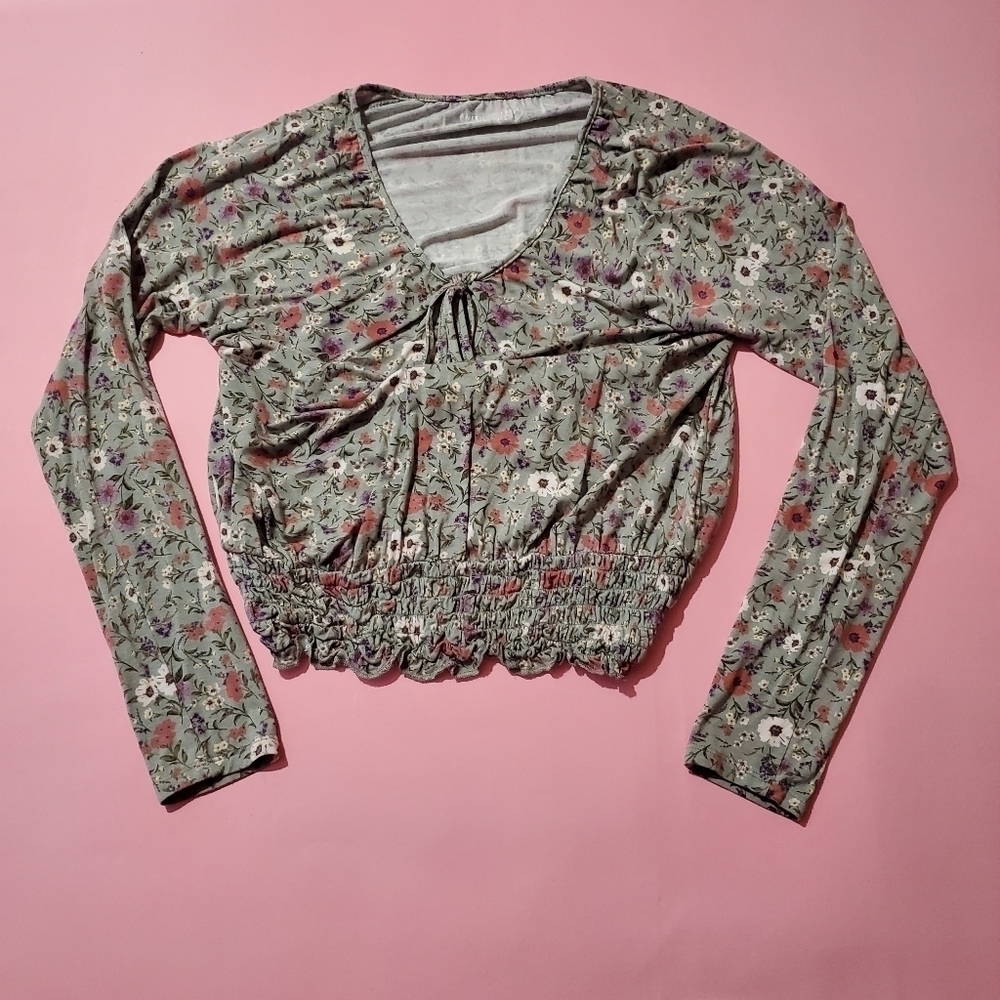 American Eagle Knit Floral Flower Ruched Crop Top Cottagecore Spring